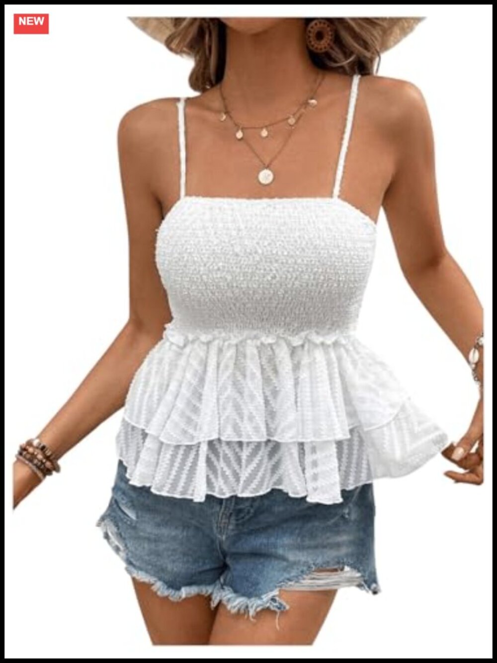 Women's Sleeveless Smocked Babydoll Camisole Top with Ruffles and Layered Peplum